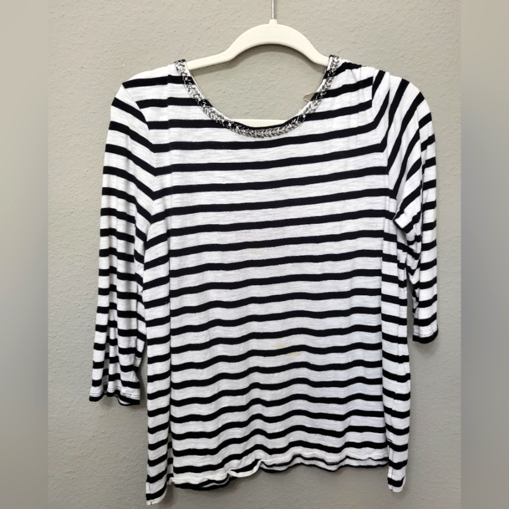 Chico’s Black and White Striped Beaded Neckline Cotton Blouse Size 2